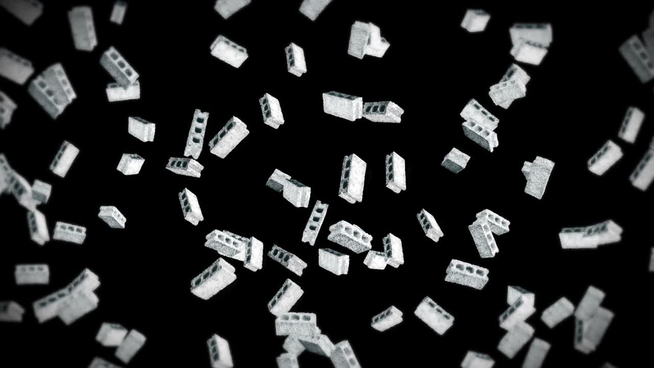 Flying many concrete bricks on black background. Miniature model, Cement, Construction. 3D animation of gray blocks rotating. Loop animation.