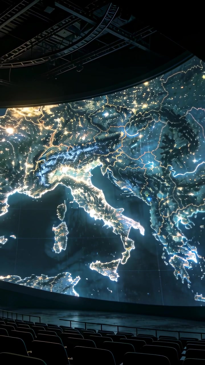 Video verticale: Panoramica all'indietro che rivela uno schermo curvo con una mappa illuminata dell'Europa in una cupola, esponendo i sedili.