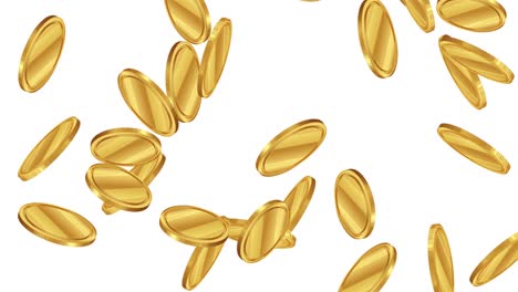 gold coins cascade against a white background, creating a lively and engaging visual effect with smooth transitions and fluid motion