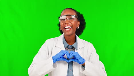 Black-woman,-scientist-and-heart-hands-on-green