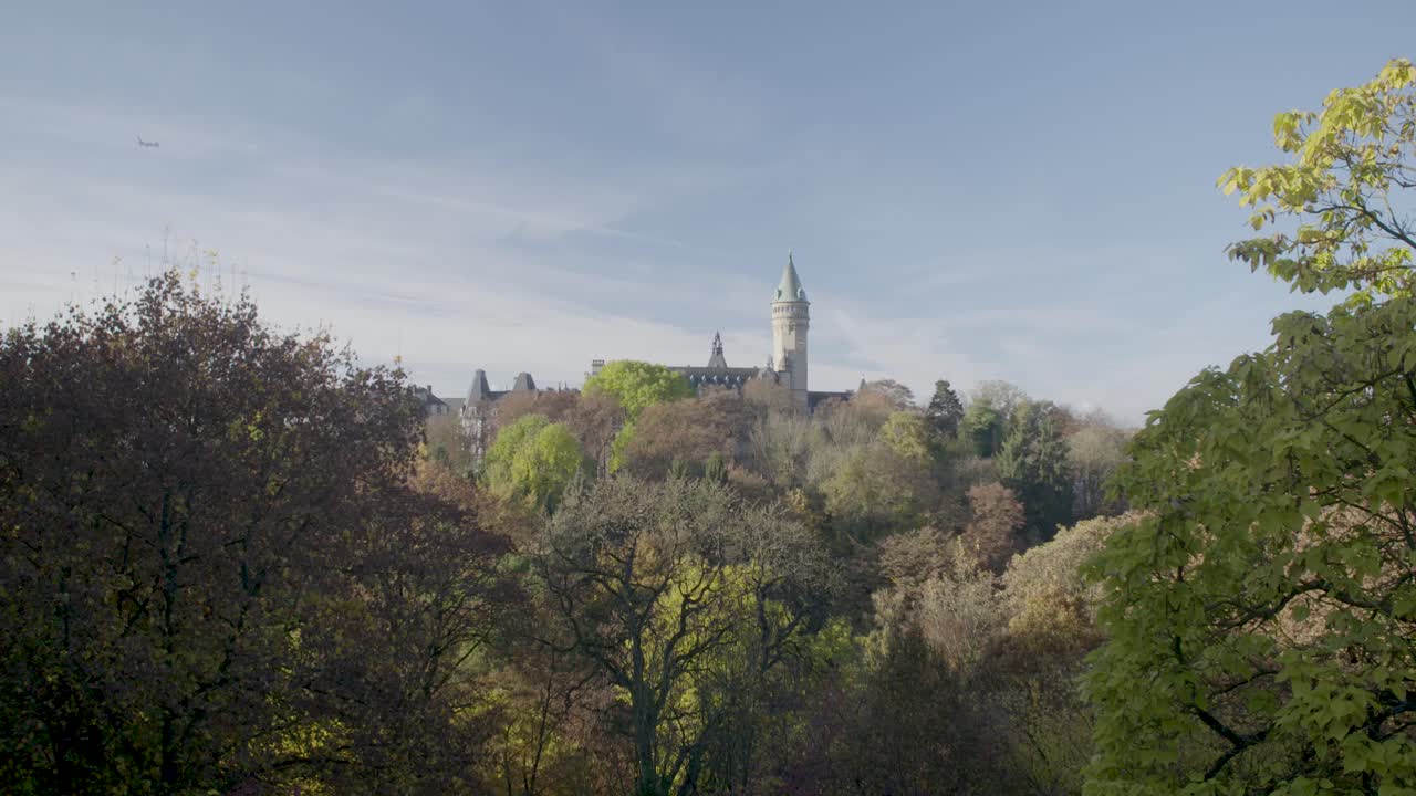 Panning view of a lush green park with the historic Luxembourg Palace in the background
