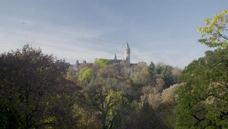 panning view of a lush green park with the historic luxembourg palace in the background