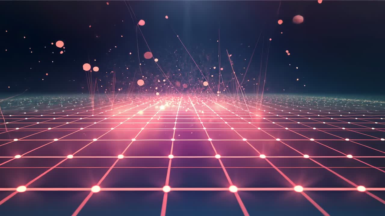 Pulsing neon grid plane emitting floating particles and rising beams on void, with emerald horizon