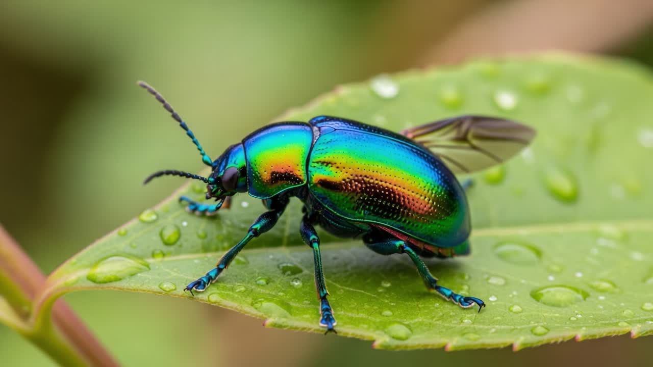 A Vibrantly Colored Beetle Captured in Nature: Explore the Stunning Iridescence and Unusual Features of This Fascinating Insect on a Fresh Leaf