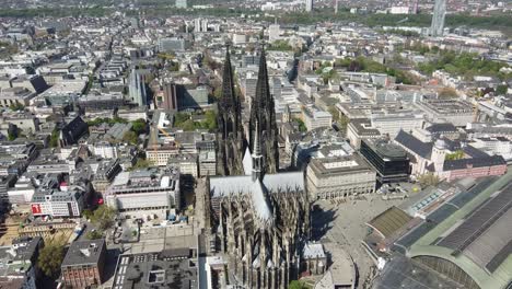 aerial view of iconic cologne cathedral church - dom of saint peter in historic city center - köln, germany