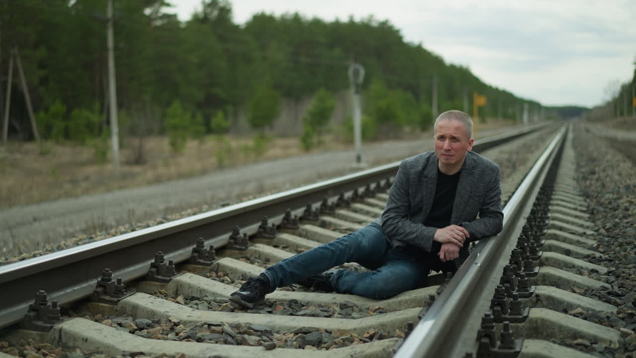 un hombre con un blazer gris y pantalones vaqueros azules tendidos en una vía ferroviaria, mirando contemplativo y serio, teniendo un paisaje rural con árboles y un horizonte lejano