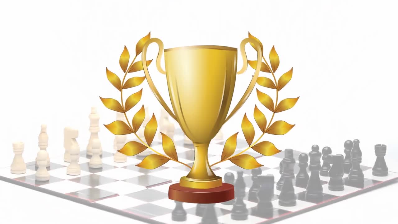 animación de una copa dorada sobre un tablero de ajedrez giratorio sobre un fondo blanco