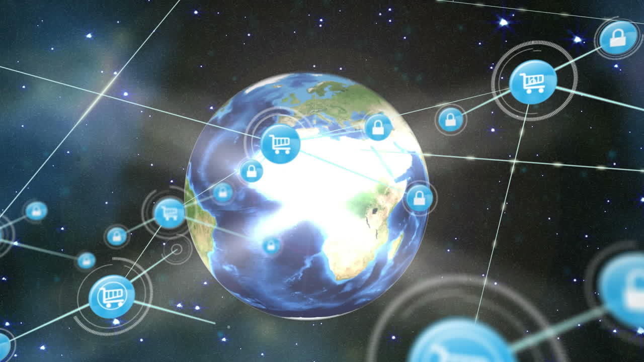 공간에 대항하여 회전하는 지구 위의 디지털 아이콘 네트워크의 애니메이션