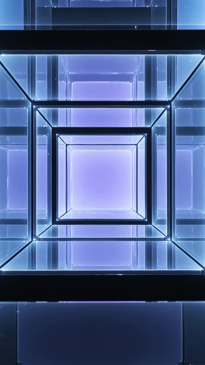 Vertical video: Moving camera forward through LED frames at gallery, revealing mirrored tunnel