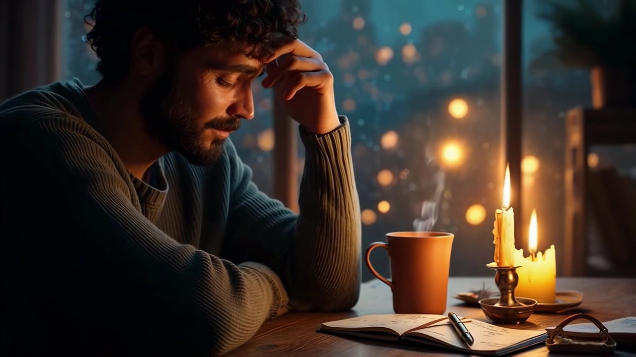 Pensive Man Sitting at Desk with Candlelight and Coffee