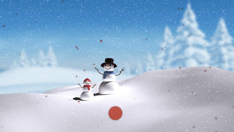 animation of snow falling over smiling father and child snowman in winter scenery