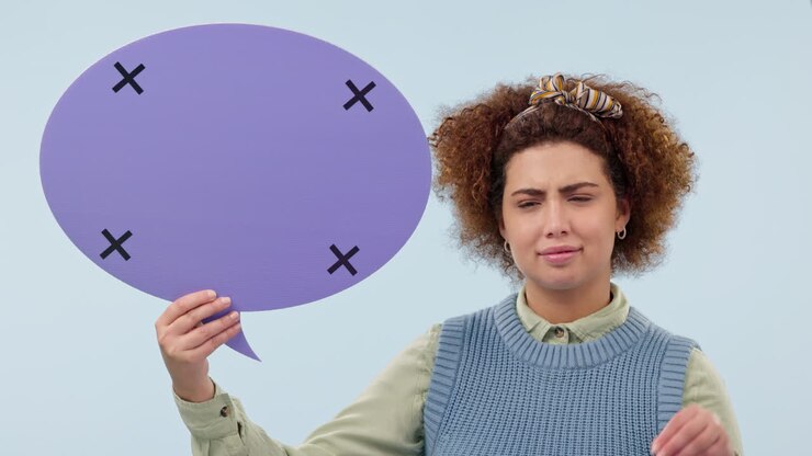Woman, speech bubble and hand chatting for social