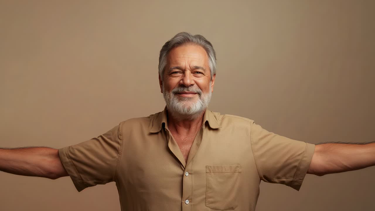 Smiling senior man responding to cue while camera zooming in studio, with beige shirt and backdrop