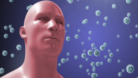 animación de células macro covid-19 flotando alrededor de un rostro humano en 3d sobre fondo azul