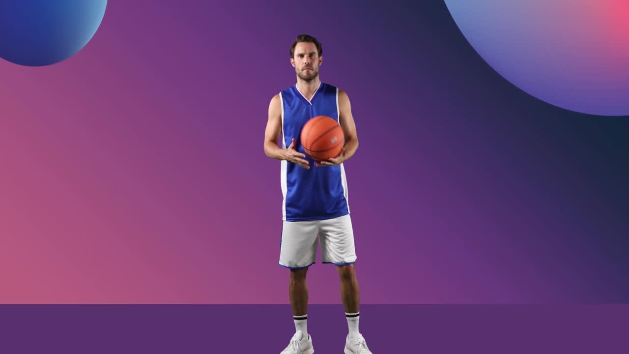 animación de un jugador de baloncesto caucásico con una pelota sobre bolas púrpuras y azules.
