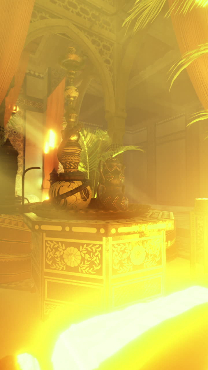 Vibrant interior of a moroccan style room with warm lighting and decor