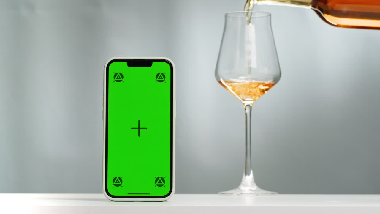 Rose Orange or white wine bottle and glass with chroma key green screen phone smartphone, application app, pouring of ecological natural wine. Cheers, hands with wine glasses, drinking alcohol.