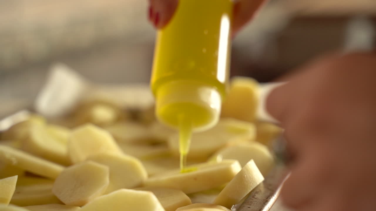 Woman's hands season potatoes with olive oil