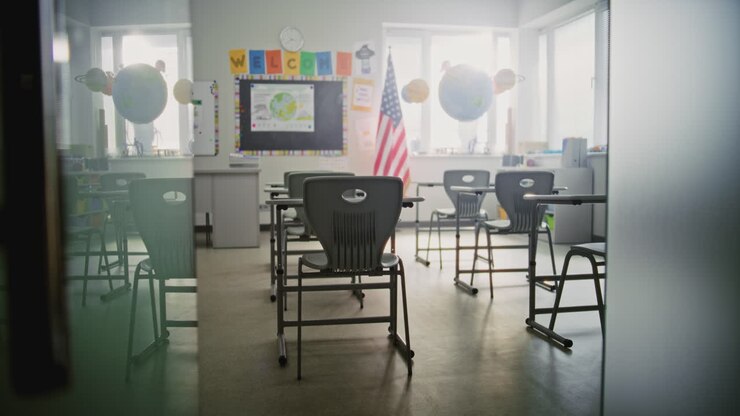 American Primary School Interior of Modern Empty Classroom with Desks for Students