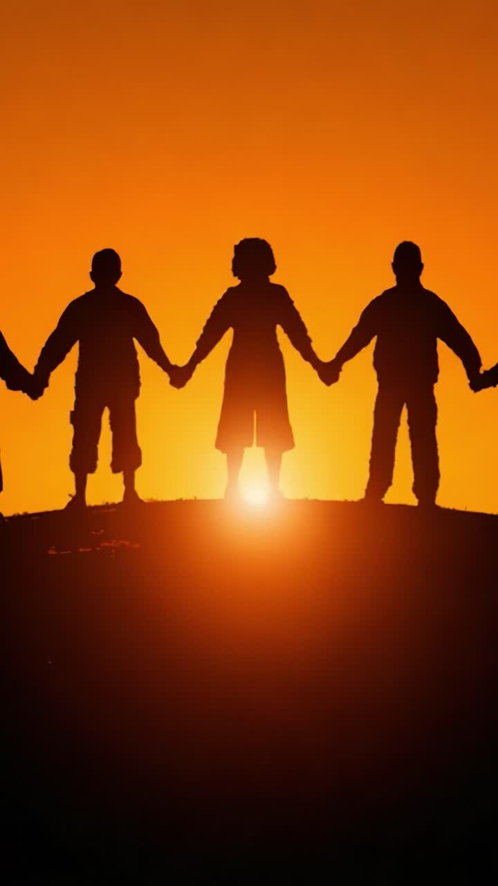 A group of silhouetted figures standing united on a hilltop against a breathtaking sunset, symbolizing togetherness, hope, and connection in a serene landscape