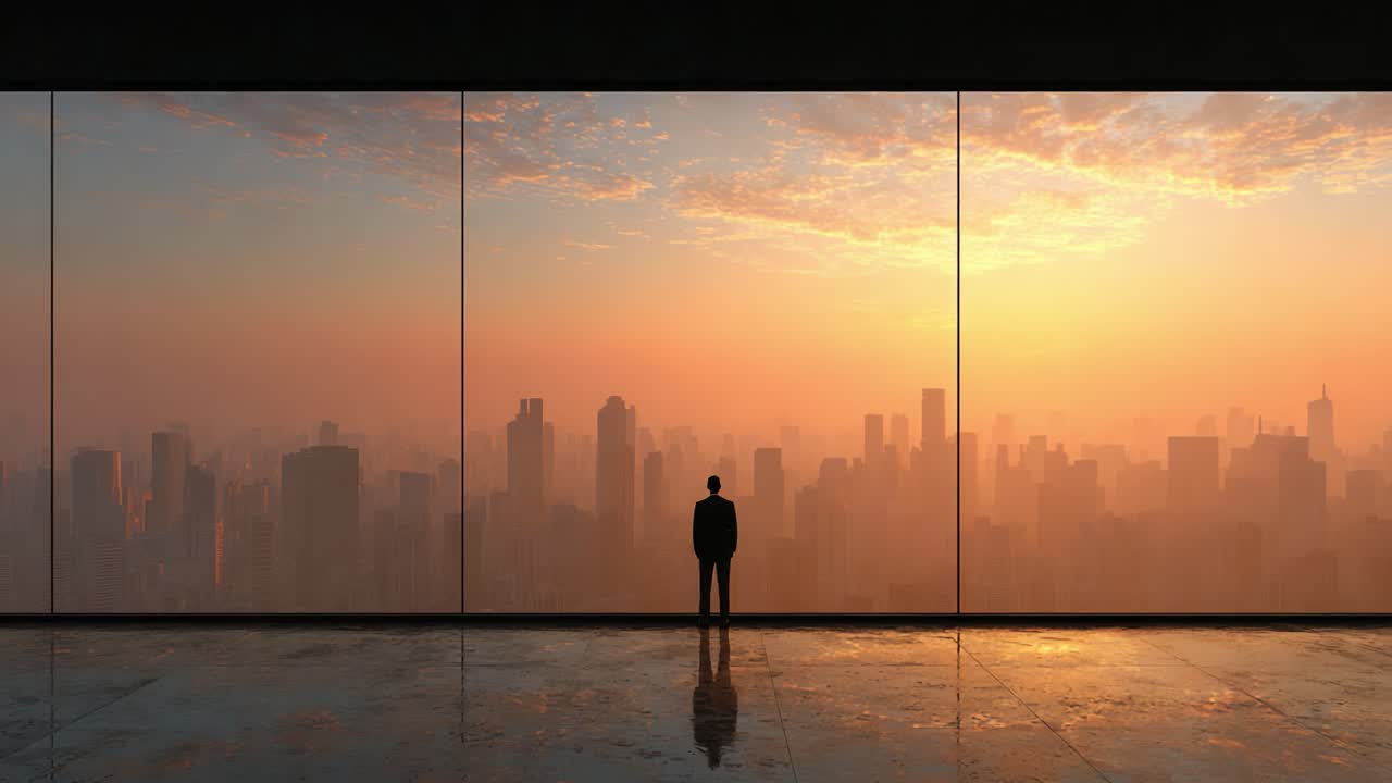 Una Figura Contemplativa Admirando un Hermoso Horizonte Urbano al Amanecer a Través de un Gran Ventanal de Cristal, Capturada en Dos Encuadres Distintos.