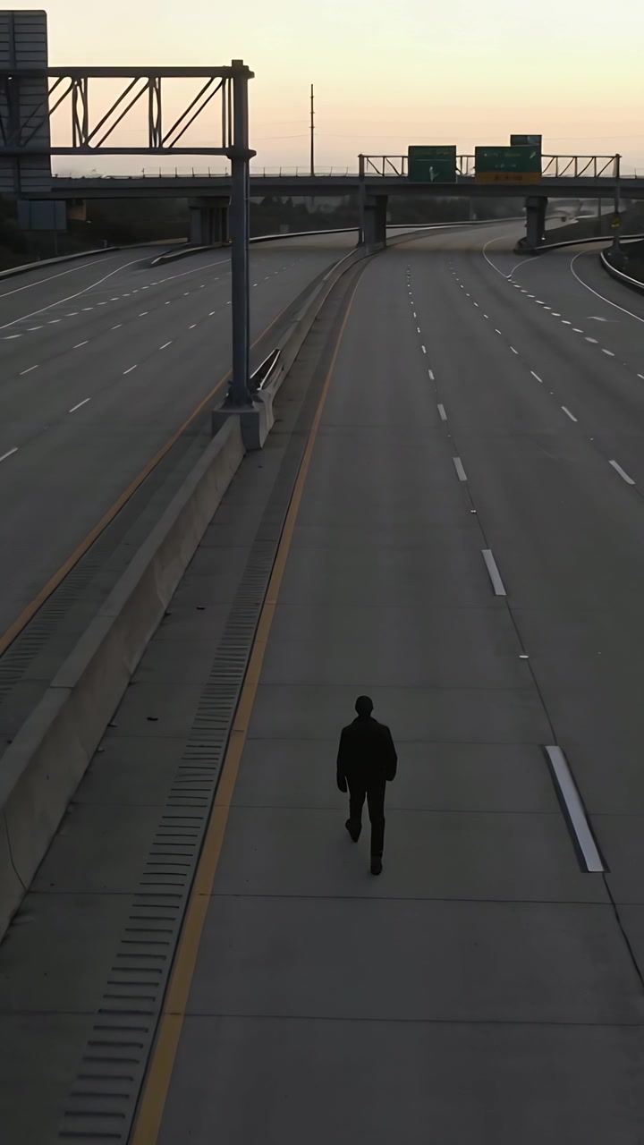 Vertical video: Walking man in dark coat carrying bag on empty highway letting walk toward overpass