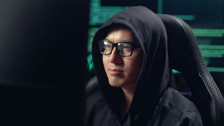 Hacker asiatico uomo che hackera al computer e beve caffè