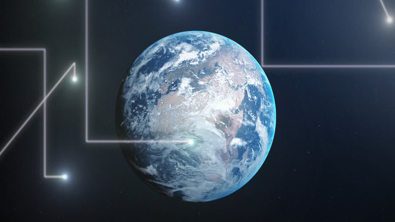 파란색 배경에 전 세계를 가로질러 반이는 빛의 흔적의 애니메이션