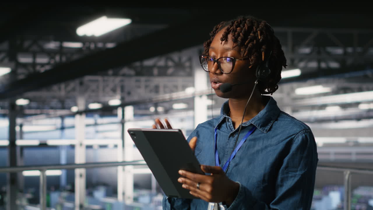 Server room admin uses tablet and headset to provide infrastructure tech support