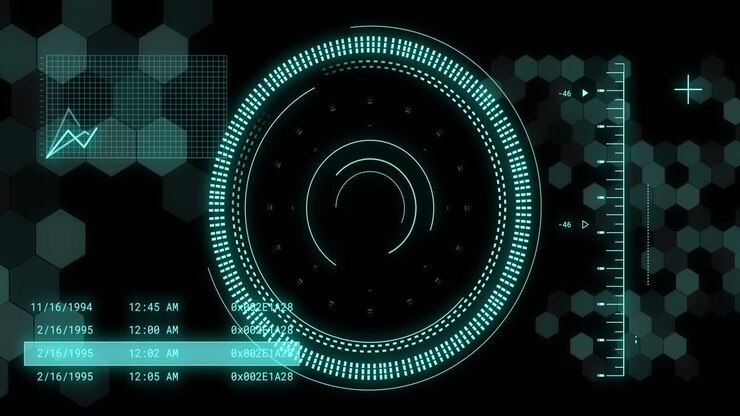 Animazione di elaborazione dati con scansione a oscilloscopio su sfondo nero