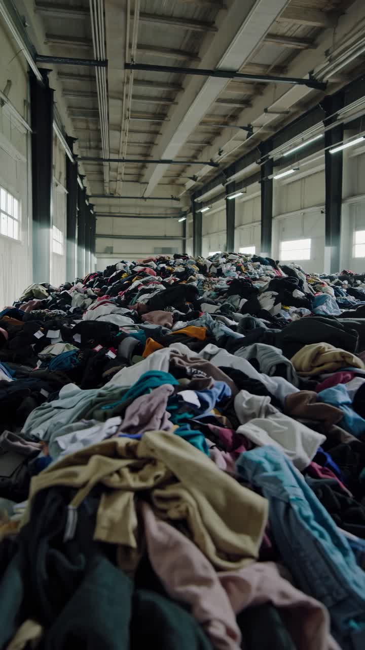 A video still showing a low-angle view of a massive pile of colorful clothes in an industrial