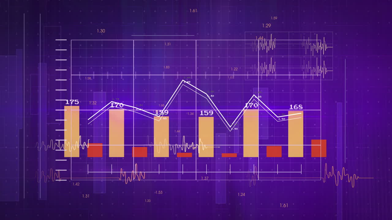 animación de estadísticas y procesamiento de datos financieros en cuadrícula sobre fondo púrpura