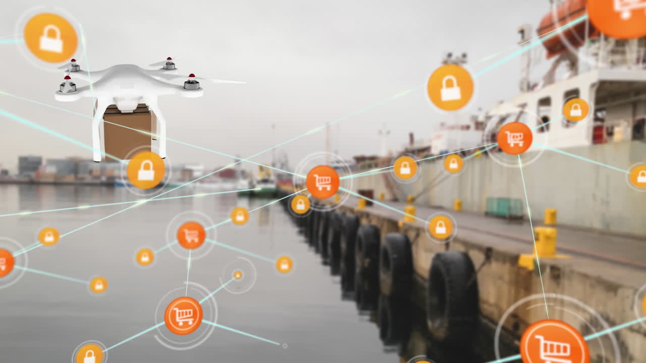 카드보드 상자 및 항구 위의 아이콘과 연결 네트워크를 가진 드론의 애니메이션