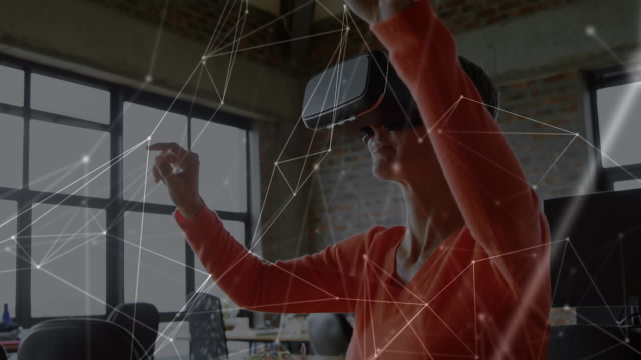 Animation of network of connections over caucasian businesswoman using vr headset
