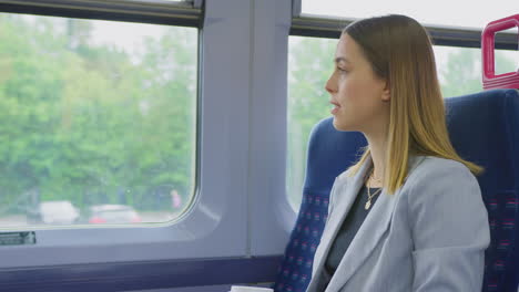 two businesswomen commuting to work on train talking together in carriage