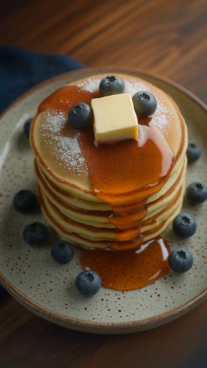 Maple Syrup Pouring Over a Stack of Pancakes with Blueberries