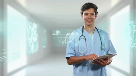 animación de pantallas con procesamiento de datos sobre un médico masculino con clipboard