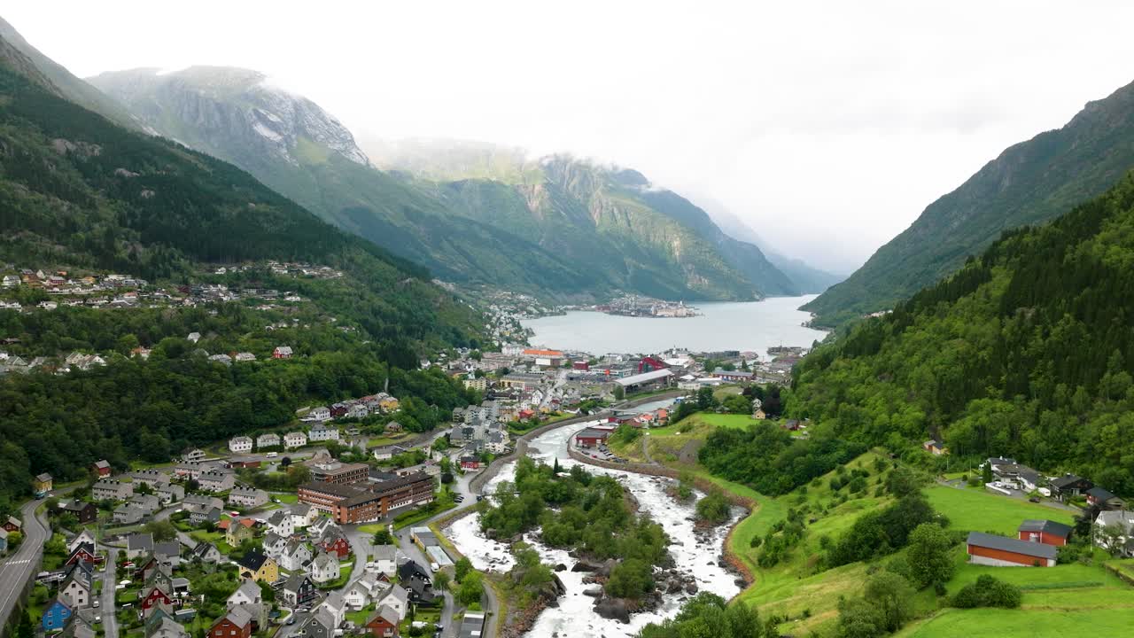 Odda Norway, drone ascend view from the south