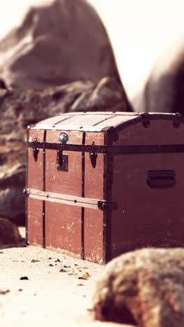 a vintage wooden chest on a sandy beach with rocks in the background