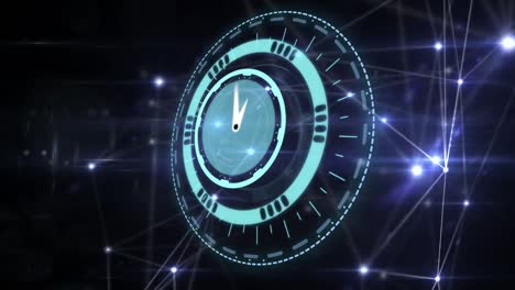 animación de un reloj moviéndose rápidamente a través de una red de conexiones