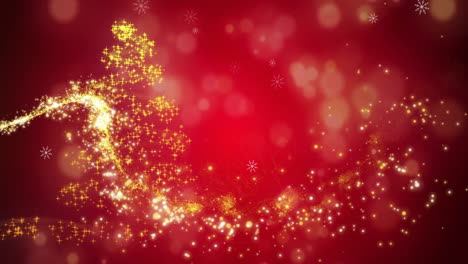 christmas tree and sparkling light trail animation over red background with bokeh