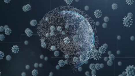 animación del coronavirus moviéndose por todo el mundo y el cerebro humano en la interfaz digital