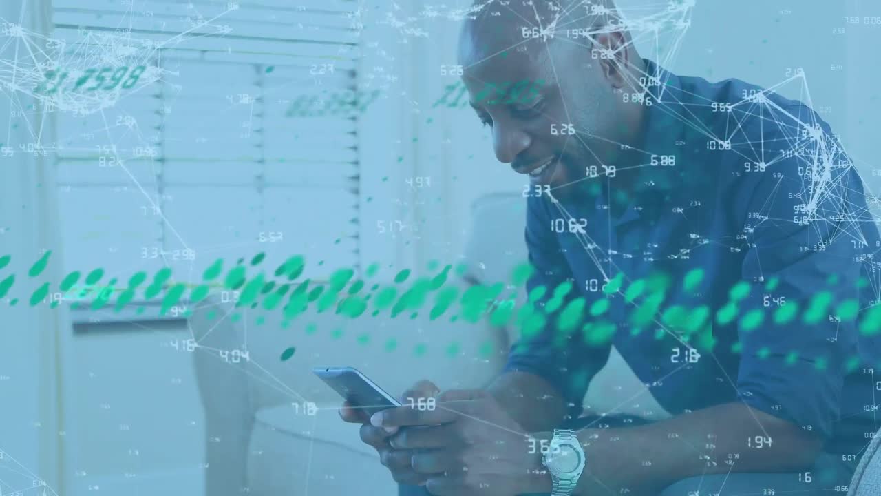 Animation of network of connections and data processing over african american man using smartphone