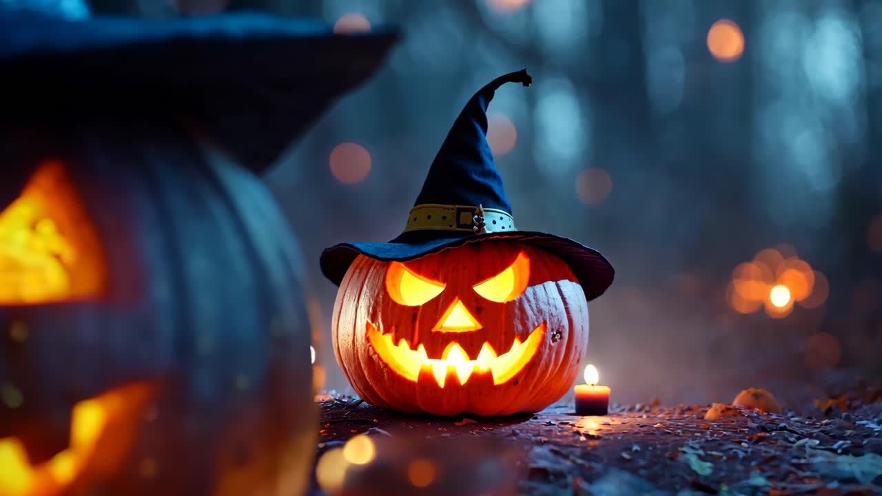 A pumpkin with a witch's hat on top of it. The pumpkin is lit up with a light inside of it