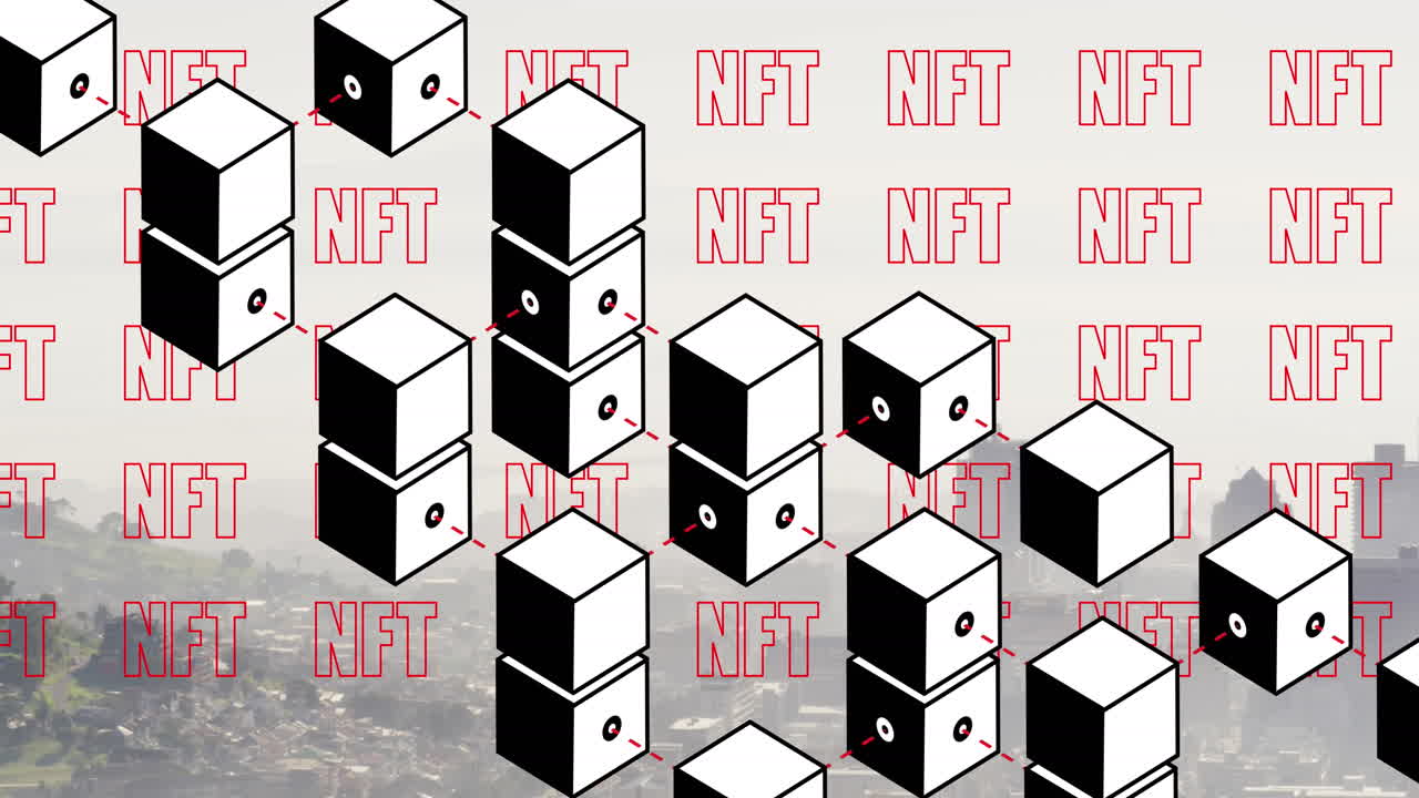 Animation of 3d blocks and multiple nft text banners against aerial view of cityscape
