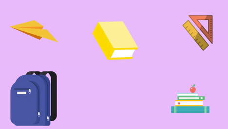 animación de iconos de artículos escolares que se mueven con espacio de copia en fondo púrpura