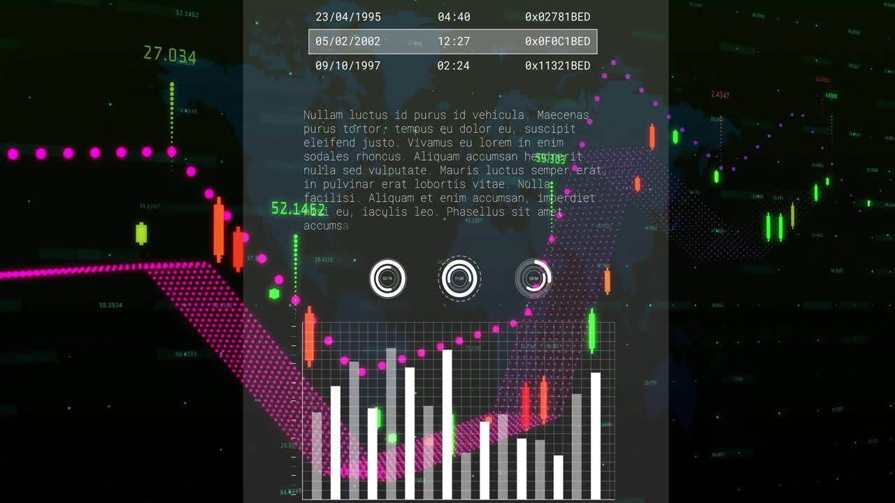 주식 시장 데이터 및 금융 차트 분석 텍스트 및 날짜에 대한 애니메이션
