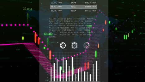 stock market data and financial chart analysis animation over text and dates