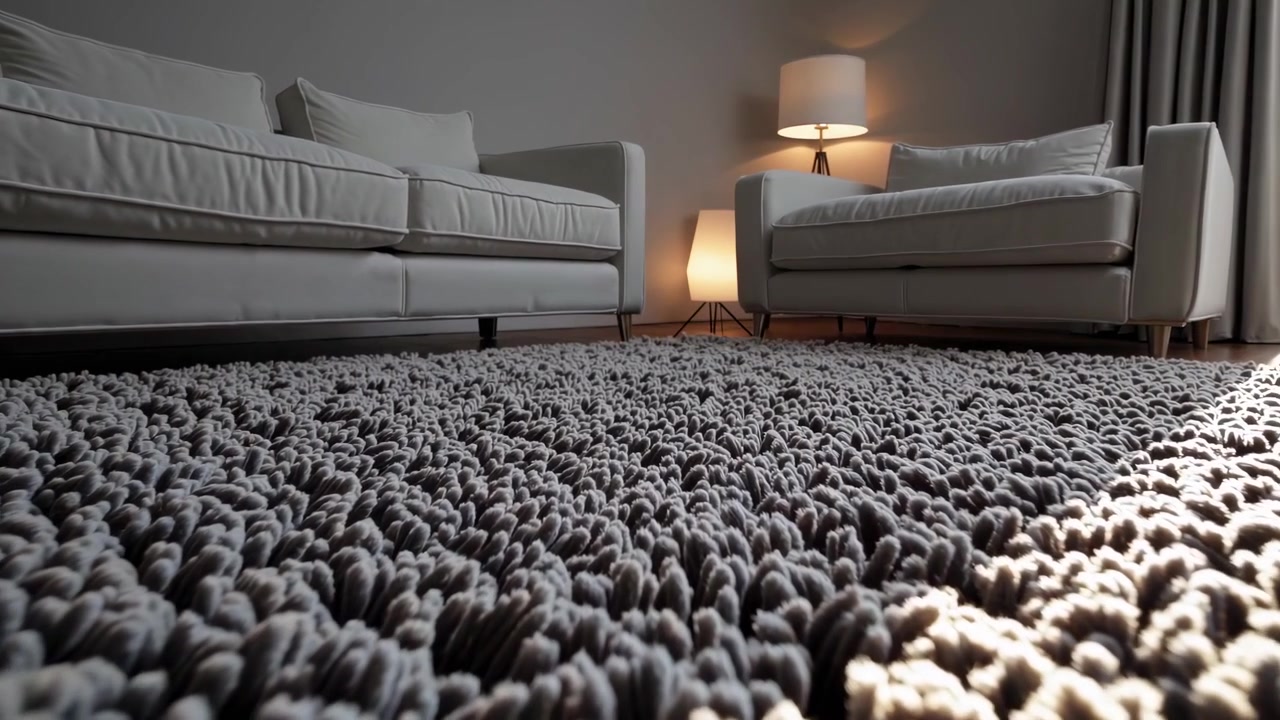 Sonnenlicht strömt in modernes Wohnzimmer mit Hochflorteppich.
