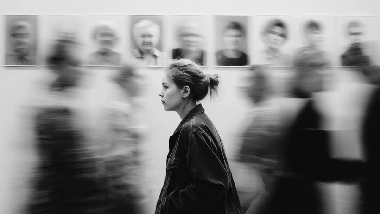 Blurry portraits surround woman in black jacket walking past, with some sharper faces amidst the crowd